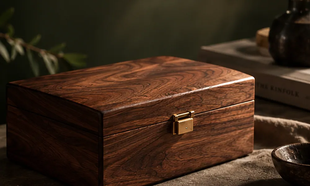 A walnut keepsake box with a brass clasp on a linen cloth, lit from the side